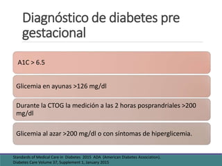 Diagnóstico de diabetes pre
gestacional
A1C > 6.5
Glicemia en ayunas >126 mg/dl
Durante la CTOG la medición a las 2 horas posprandriales >200
mg/dl
Glicemia al azar >200 mg/dl o con síntomas de hiperglicemia.
Standards of Medical Care in Diabetes 2015 ADA (American Diabetes Association).
Diabetes Care Volume 37, Supplement 1, January 2015
 