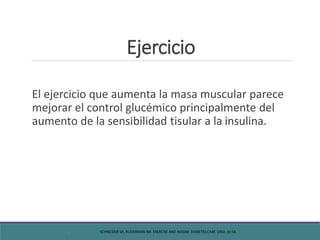 Ejercicio
El ejercicio que aumenta la masa muscular parece
mejorar el control glucémico principalmente del
aumento de la sensibilidad tisular a la insulina.
. SCHNEIDER SH, RUDERMAN NB. EXERCISE AND NIDDM. DIABETES CARE 1993; 16:54.
 