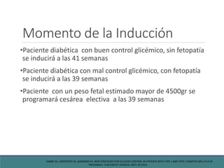 Momento de la Inducción
•Paciente diabética con buen control glicémico, sin fetopatía
se inducirá a las 41 semanas
•Paciente diabética con mal control glicémico, con fetopatía
se inducirá a las 39 semanas
•Paciente con un peso fetal estimado mayor de 4500gr se
programará cesárea electiva a las 39 semanas
GABBE SG, CARPENTER LB, GARRISON EA. NEW STRATEGIES FOR GLUCOSE CONTROL IN PATIENTS WITH TYPE 1 AND TYPE 2 DIABETES MELLITUS IN
PREGNANCY. CLIN OBSTET GYNECOL 2007; 50:1014.
 