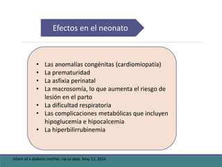 Efectos en el neonato
Infant of a diabetic mother. Up to date. May 12, 2014
• Las anomalías congénitas (cardiomiopatía)
• La prematuridad
• La asfixia perinatal
• La macrosomía, lo que aumenta el riesgo de
lesión en el parto
• La dificultad respiratoria
• Las complicaciones metabólicas que incluyen
hipoglucemia e hipocalcemia
• La hiperbilirrubinemia
 