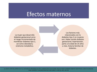Efectos maternos
La mujer que desarrolla
diabetes gestacional corre
el riesgo incrementado de
manifestar diabetes tipo 2,
así como obesidad y
síndrome metabólico.
Los factores más
relacionados con la
diabetes tipo 2 en mujeres
son: Haber tenido diabetes
gestacional, hipertensión,
parto a la edad de 25 años
o más, historia familiar de
diabetes.
AL-AGHA R, FIRTH RG, BYRNE M, ET AL. OUTCOME OF PREGNANCY IN TYPE 1 DIABETES MELLITUS (T1DMP): RESULTS FROM COMBINED DIABETES-OBSTETRICAL CLINICS IN DUBLIN IN
THREE UNIVERSITY TEACHING HOSPITALS (1995-2006). IR J MED SCI 2012; 181:105
 
