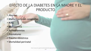 EFECTO DE LA DIABETES EN LA MADRE Y EL
PRODUCTO
• Abortos
• Malformaciones congénitas
• RCIU
• Macrosomia
• Polihidramnios
• Prematurez
• Trauma obstétrico
• Mortalidad perinatal
http://www.imss.gob.mx/sites/all/statics/guiasclinicas/320GER
.pdf
 