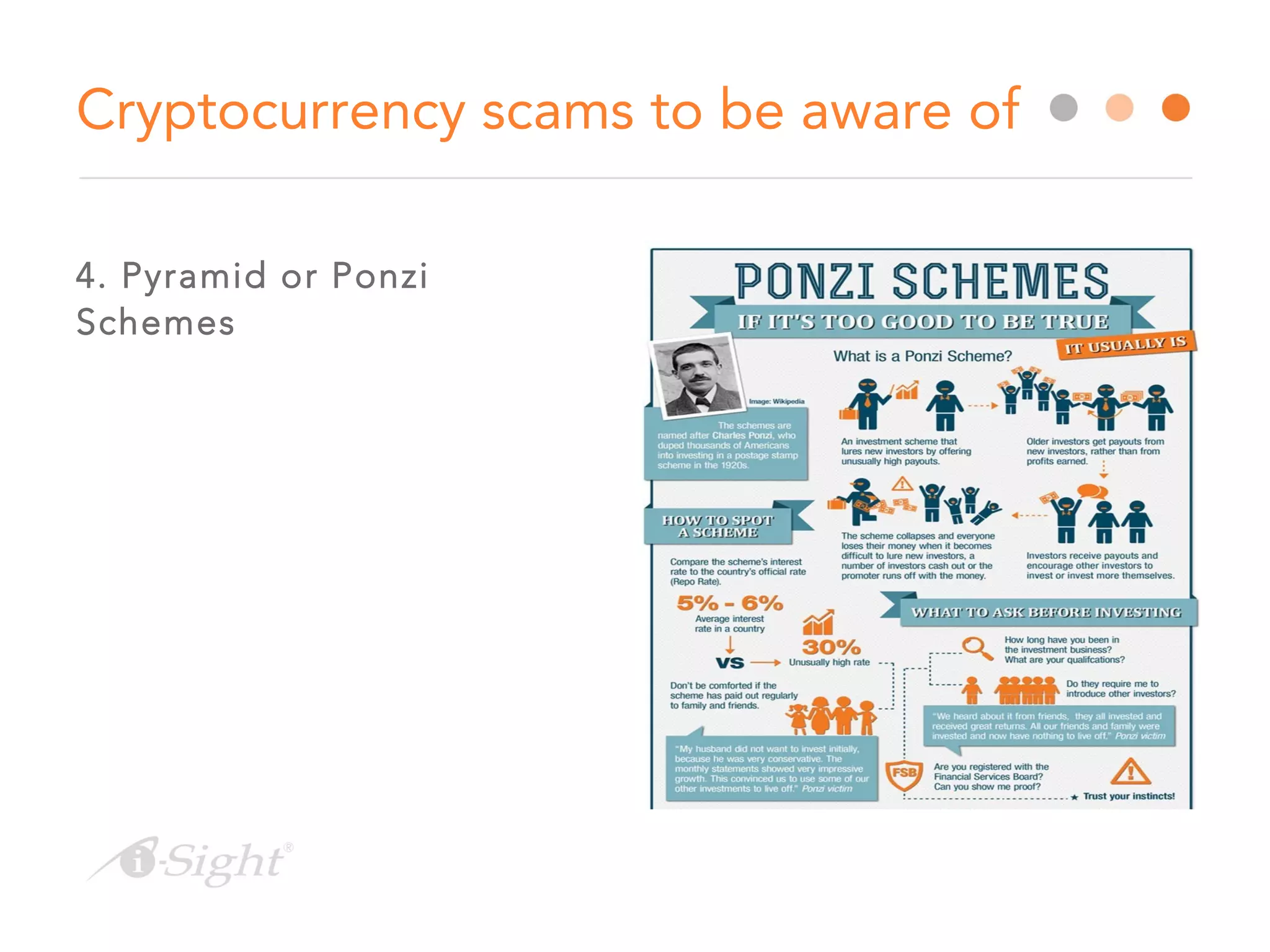 4. Pyramid or Ponzi
Schemes
Cryptocurrency scams to be aware of
 