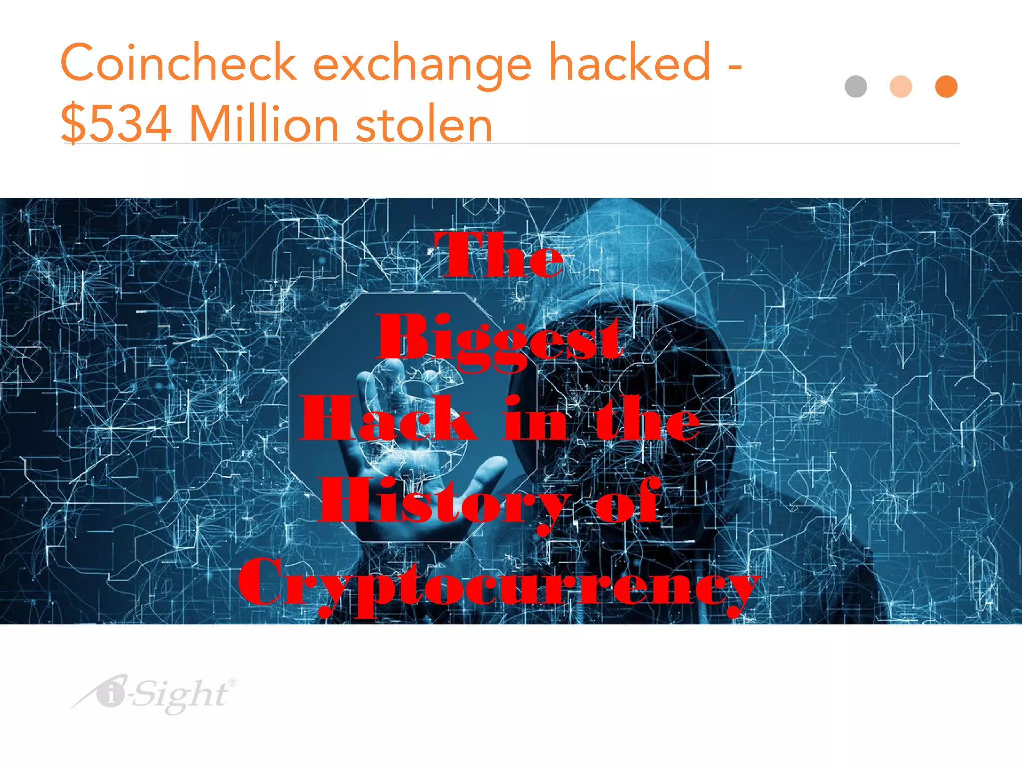Coincheck exchange hacked -
$534 Million stolen
The
Biggest
Hack in the
History of
Cryptocurrency
 