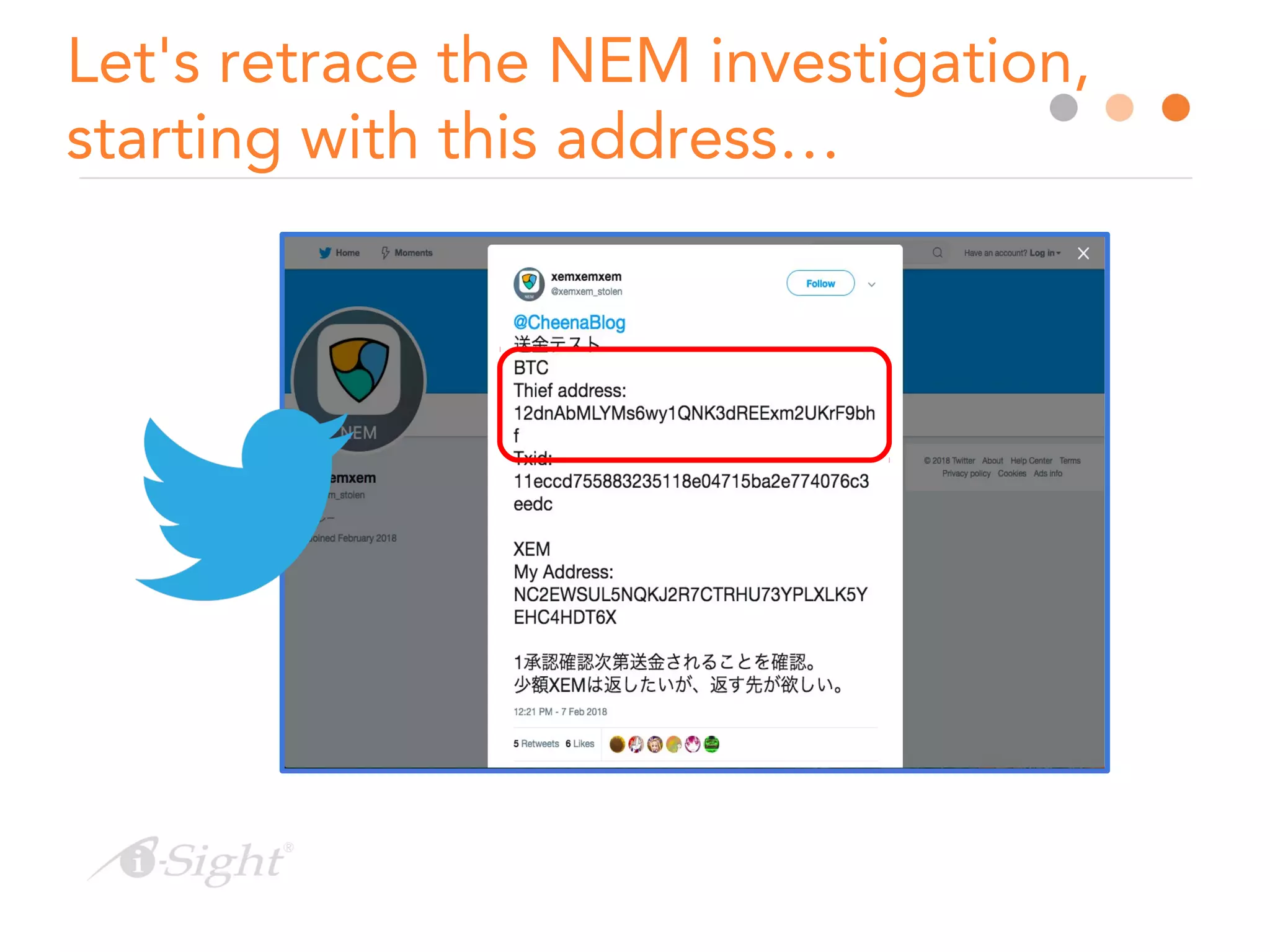 Let's retrace the NEM investigation,
starting with this address…
 