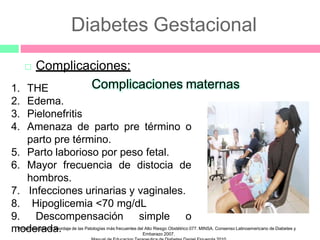 Diabetes Gestacional
 Complicaciones:
Complicaciones maternas
1. THE
2. Edema.
3. Pielonefritis
4. Amenaza de parto pre término o
parto pre término.
5. Parto laborioso por peso fetal.
6. Mayor frecuencia de distocia de
hombros.
7. Infecciones urinarias y vaginales.
8. Hipoglicemia <70 mg/dL
9. Descompensación simple o
m
Po
roto
d
co
e
losrpa
ara
d
ela
ab.
ordaje de las Patologías más frecuentes del Alto Riesgo Obstétrico 077. MINSA. Consenso Latinoamericano de Diabetes y
Embarazo 2007.
 