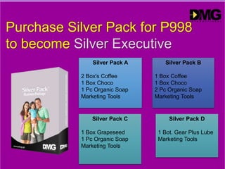 Purchase Silver Pack for P998
to become Silver Executive
Silver Pack A
2 Box's Coffee
1 Box Choco
1 Pc Organic Soap
Marketing Tools
Silver Pack B
1 Box Coffee
1 Box Choco
2 Pc Organic Soap
Marketing Tools
Silver Pack C
1 Box Grapeseed
1 Pc Organic Soap
Marketing Tools
Silver Pack D
1 Bot. Gear Plus Lube
Marketing Tools
 
