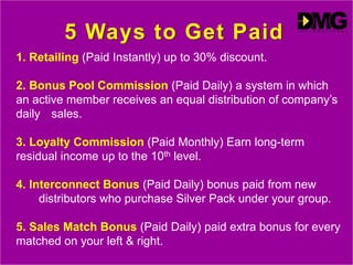 5 Ways to Get Paid
1. Retailing (Paid Instantly) up to 30% discount.
2. Bonus Pool Commission (Paid Daily) a system in which
an active member receives an equal distribution of company’s
daily sales.
3. Loyalty Commission (Paid Monthly) Earn long-term
residual income up to the 10th level.
4. Interconnect Bonus (Paid Daily) bonus paid from new
distributors who purchase Silver Pack under your group.
5. Sales Match Bonus (Paid Daily) paid extra bonus for every
matched on your left & right.
 