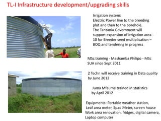 TL-I Infrastructure development/upgrading skills
                                  Irrigation system:
                                  Electric Power line to the breeding
                                  plot and then to the borehole.
                                  The Tanzania Government will
                                  support expansion of irrigation area -
                                  10 for Breeder seed multiplication –
                                  BOQ and tendering in progress


                               MSc.training - Mashamba Philipo - MSc
                               SUA since Sept 2011

                               2 Techn will receive training in Data quality
                               by June 2012

                                 Juma Mfaume trained in statistics
                                 by April 2012

                               Equipments: Portable weather station,
                               Leaf area meter, Spad Meter, screen house
                              Work area renovation, fridges, digital camera,
                              Laptop computer
 