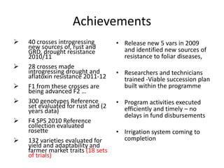 Achievements
   40 crosses introgressing        • Release new 5 vars in 2009
    new sources of, rust and          and identified new sources of
    GRD, drought resistance
    2010/11                           resistance to foliar diseases,
   28 crosses made
    introgressing drought and       • Researchers and technicians
    aflatoxin resistance 2011-12      trained -Viable succession plan
   F1 from these crosses are         built within the programme
    being advanced F2 …
   300 genotypes Reference         • Program activities executed
    set evaluated for rust and (2     efficiently and timely – no
    years data)
                                      delays in fund disbursements
   F4 SPS 2010 Reference
    collection evaluated
    rosette                         • Irrigation system coming to
   132 varieties evaluated for       completion
    yield and adaptability and
    farmer market traits (18 sets
    of trials)
 