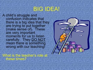 BIG IDEA! A child’s struggle and confusion indicates that there is a big idea that they are trying to put together (make sense of).  These are very important moments for us to listen carefully.  They  DO NOT  mean there is something wrong with our teaching!  What is the teacher’s role at these times? 