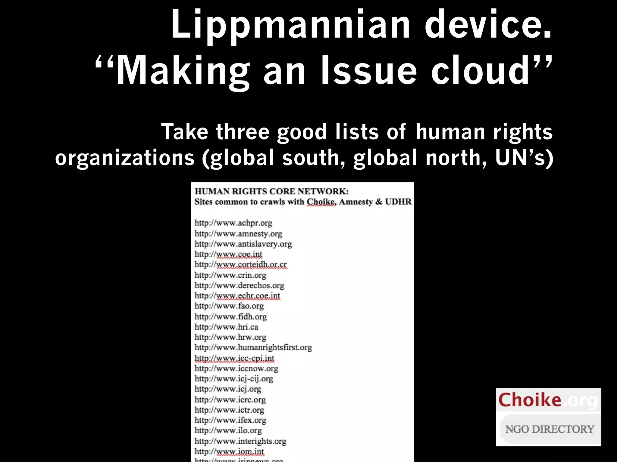 Lippmannian device.
   “Making an Issue cloud”
          Take three good lists of human rights
organizations (global south, global north, UN’s)
 