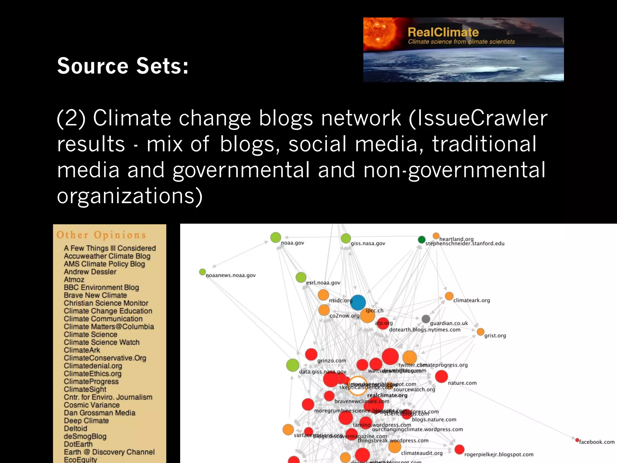 Source Sets:

(2) Climate change blogs network (IssueCrawler
results - mix of blogs, social media, traditional
media and governmental and non-governmental
organizations)
 