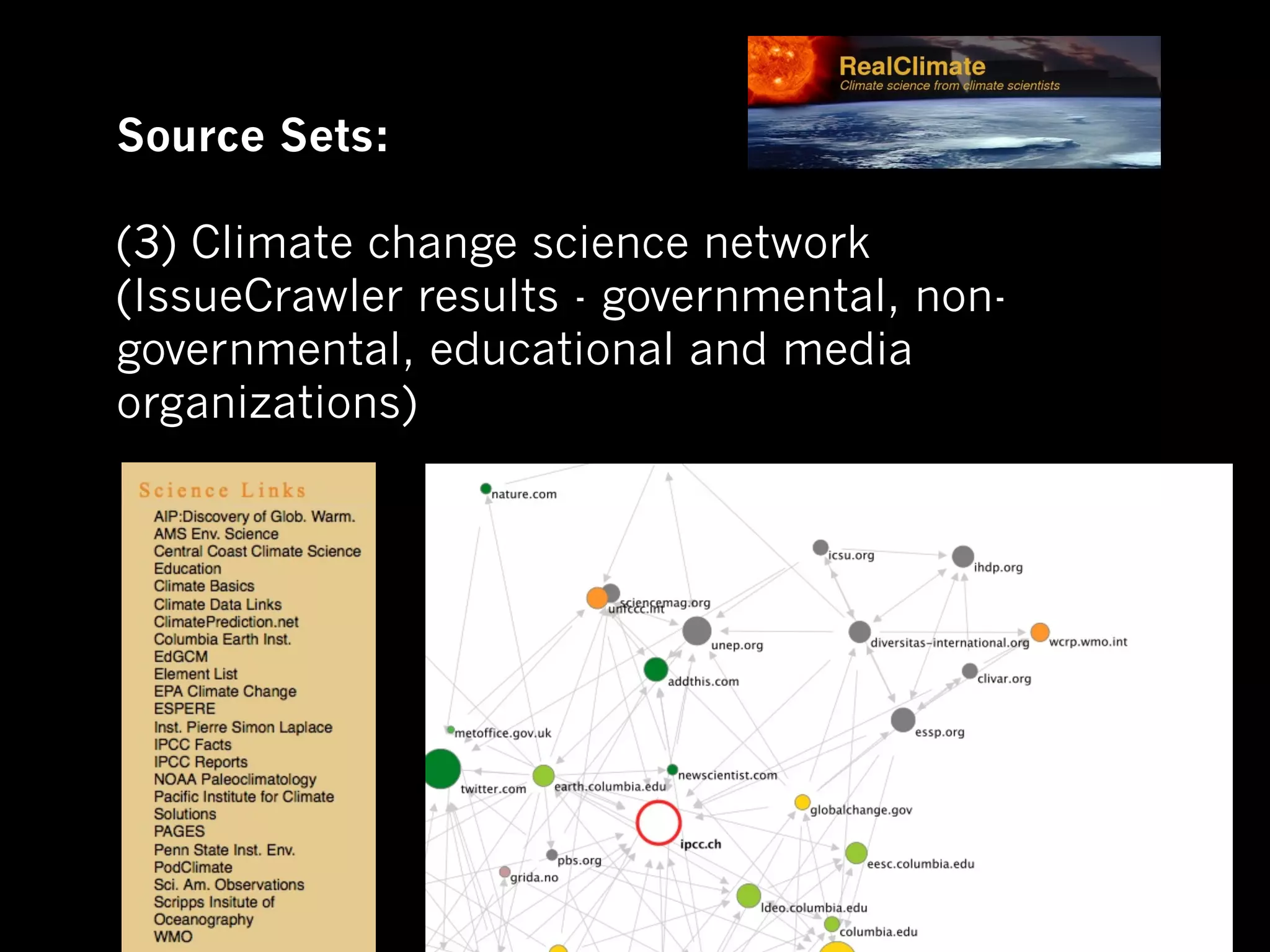 Source Sets:

(3) Climate change science network
(IssueCrawler results - governmental, non-
governmental, educational and media
organizations)
 