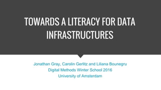 Jonathan Gray, Carolin Gerlitz and Liliana Bounegru
Digital Methods Winter School 2016
University of Amsterdam
TOWARDS A LITERACY FOR DATA
INFRASTRUCTURES
 