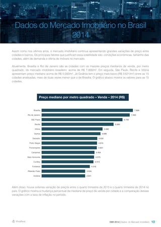 10
Dados do Mercado Imobiliário no Brasil
2014
Assim como nos últimos anos, o mercado imobiliário continua apresentando grandes variações de preço entre
cidades e bairros. Os principais fatores que justificam essa volatilidade são: condições econômicas, tamanho das
cidades, além de demanda e oferta de imóveis no mercado.
Atualmente, Brasília e Rio de Janeiro são as cidades com os maiores preços medianos de venda, por metro
quadrado, do mercado imobiliário brasileiro: acima de R$ 7.000/m². Em seguida, São Paulo, Recife e Vitória
apresentam preço mediano acima de R$ 5.000/m². Já Goiânia tem o preço mais baixo (R$ 3.621/m²) entre as 15
cidades analisadas, mais de duas vezes menor que o de Brasília. O gráfico abaixo mostra os valores para as 15
cidades.
Além disso, houve extensa variação de preços entre o quarto trimestre de 2013 e o quarto trimestre de 2014 no
país. O gráfico mostra a mudança percentual da mediana de preço de venda por cidade e a comparação dessas
variações com a taxa de inflação no período.
DMI 2014 | Dados do Mercado Imobiliário
Preço mediano por metro quadrado – Venda – 2014 (R$)
7.609
7.333
6.733
6.000
5.082
4.896
4.632
4.615
4.601
4.404
4.375
4.313
4.016
3.634
3.621
Brasília
Rio de Janeiro
São Paulo
Recife
Vitória
Santos
Salvador
Porto Alegre
Florianópolis
Campinas
Belo Horizonte
Curitiba
Fortaleza
Ribeirão Preto
Goiânia
 