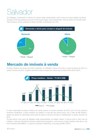 152
SalvadorEm Salvador, a demanda e a oferta de imóveis estão desalinhadas, assim como em outras regiões do Brasil.
Enquanto 27% das pessoas procuram imóveis para alugar, estes representam 10% da oferta do inventário total.
Para imóveis à venda, enquanto a oferta é de 90%, a demanda é de 73%.
DMI 2014 | Salvador
Demanda Oferta
Demanda e oferta para compra e aluguel de imóveis
Mercado de imóveis à venda
O preço mediano de venda, por metro quadrado, em Salvador cresceu 6% entre o quarto trimestre de 2013 e o
quarto trimestre de 2014. O gráfico apresenta essa evolução dos valores por trimestre entre 2013 e 2014.
A maior valorização do preço mediano de venda ocorreu no terceiro trimestre de 2013, com 9,1% de aumento
trimestral. Atualmente, o preço mediano da cidade é o mais alto dos últimos anos, com o valor de R$ 4.632/m²,
apesar da queda na valorização percentual do preço no terceiro trimestre e estabilização no quarto trimestre de
2014.
Os dez bairros mais caros de Salvador estão representados na imagem abaixo. A lacuna entre o mais caro da
cidade e o décimo colocado do ranking é relativamente pequena, uma vez que o preço mediano mais alto é o do
Horto Florestal, R$ 6.909/m², e o décimo colocado é Patamares, com preço de R$ 5.167/m².
Preço mediano – Venda – T4 2014 (R$)
73%
27%
Venda Aluguel
90%
10%
Venda Aluguel
3.938
4.000
4.364 4.360 4.400
4.545
4.632 4.632
1,6%
9,1%
-0,1%
0,9%
3,3%
1,9%
0,0%
-2,0%
0,0%
2,0%
4,0%
6,0%
8,0%
10,0%
3.400
3.600
3.800
4.000
4.200
4.400
4.600
4.800
1ºT- 2013 2ºT- 2013 3ºT- 2013 4ºT- 2013 1ºT- 2014 2ºT- 2014 3ºT- 2014 4ºT- 2014
Preço m² Variação
 