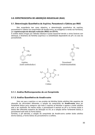 5.0. ESPECTROSCOPIA DE ABSORÇÃO MOLECULAR (MAS)

5.1. Determinação Quantitativa de Aspirina, Paracetamol e Cafeína por MAS
       Esta experiência tem como objectivo, a determinação quantitativa de aspirina,
paracetamol e cafeína nos comprimidos de Anadin-extra, um analgésico à venda nas farmácias,
por espectroscopia de absorção molecular (MAS) em UV-Vis.
A análise destas drogas por métodos clássicos é quase impossível devido a vários factores com
destaque, a fenómeno de hidrólise (aspirina) e a estabilidade dependente do pH ( no caso do
paracetamol).




5.1.1. Análise Multicomponentes de um Comprimido

5.1.2. Análise Quantitativa de Anadin-extra
       Uma vez que a aspirina e o seu produto de hidrólise (ácido salicílico) têm espectros de
absorção do ultravioleta diferentes, a solução do comprimido de Anadin-extra deve ser
fortemente básica para assegurar que toda a aspirina se hidrolise e apenas o ácido salicílico
está a ser analisado. Do mesmo modo, o paracetamol é sensível ao pH e as formas ácida e
básica têm diferentes espectros de absorção no UV, se a solução estiver fortemente básica, o
paracetamol está todo na forma básica.
Portanto, a pH elevado, a solução do comprimido de Anadin-extra contém ácido salicílico
(forma básica), a forma básica do paracetamol e a cafeína.


                                                                                             30
 