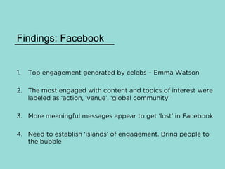 Findings: Facebook
1.  Top engagement generated by celebs – Emma Watson
2.  The most engaged with content and topics of interest were
labeled as ‘action, ‘venue’, ‘global community’
3.  More meaningful messages appear to get ‘lost’ in Facebook
4.  Need to establish ‘islands’ of engagement. Bring people to
the bubble
 