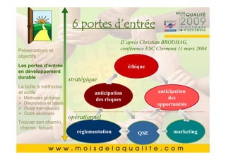 Cliquez 6 portes d’entréestyle du
               pour modifier le
       Cliquez pour modifier le style du
                titre du masque
                titre du masque BRODHAG,
                          D’après Christian
Présentations et                        conférence ESC Clermont 11 mars 2004
        •• Cliquez pour modifier les styles du texte du
objectifs    Cliquez pour modifier les styles du texte du
Les portes masque
            masque
              d’entrée                            éthique
en développement
durable ––Deuxième niveau
                   Deuxième niveau
        • Deuxième niveau stratégique
La boîte à méthodes• •Troisième niveau
                       Troisième niveau
et outils Troisième niveau
        •                            anticipation         anticipation
   Méthodes globales – – Quatrième niveau
                         Quatrième niveau
                                      des risques             des
        • thématiques » »Cinquième niveau
   Outils
            Quatrième niveau niveau
   Diagnostics et labels       Cinquième                  opportunités
   Outils sectoriels
        • Cinquième niveauopérationnel
Trouver son chemin,
 chemin faisant
                       réglementation          QSE            marketing

                                                                    1010
 