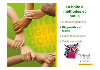 La boîte à
Cliquez      pour modifier le style du
Cliquez      pour modifier le style du
                           méthodes et
             titre du masque outils
             titre du masque
                                  Méthodes globales
•• Cliquez pour modifier les styles du texte du
    Cliquez pour modifier les styles du texte du
                                 Diagnostics et
   masque
    masque
             TITRE
   ––Deuxième niveau
      Deuxième niveau
                                 labels
• Deuxième niveau                Outils thématiques
MANIFESTATION
      • •Troisième niveau
          Troisième niveau
• Troisième niveau
           – – Quatrième niveau
              Quatrième niveau   Outils sectoriels
• QuatrièmeCinquième niveau
               » » niveau niveau
                   Cinquième

• Cinquième niveau

                                                 3232
 
