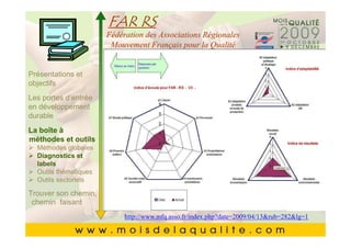 FAR RS
       Cliquez pour modifier le style du
                 Fédération des Associations Régionales
       CliquezMouvement Français pour la Qualité style du
                   pour modifier le
                    titre du masque
Présentations et
                    titre du masque
objectifs
       •• Cliquez pour modifier les styles du texte du
            Cliquez pour modifier les styles du texte du
Les portes d’entrée
           masque
            masque
en développement
durable
            ––Deuxième niveau
                  Deuxième niveau
       • àDeuxième niveau
La boîte
                  • •Troisième niveau
                      Troisième niveau
       • Troisième niveau
méthodes et outils
  Méthodes globales – – Quatrième niveau
                        Quatrième niveau
  Diagnostics et
  labels QuatrièmeCinquième niveau
       •                   » » niveau niveau
                               Cinquième
  Outils thématiques
       • Cinquième niveau
  Outils sectoriels

Trouver son chemin,
 chemin faisant
                        http://www.mfq.asso.fr/index.php?date=2009/04/13&rub=282&lg=1
                                                                                3535
 