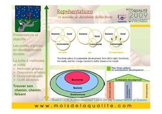Représentations
       Cliquez pour modifier le style du
       Cliquez pour modifier le style du
                ⇒ notions de durabilité faible/forte

               titre du masque
               titre du masque
Présentations et
        •• Cliquez pour modifier les styles du texte du
objectifs    Cliquez pour modifier les styles du texte du
Les portes d’entrée
            masque
             masque
en développement
durable
             ––Deuxième niveau
                   Deuxième niveau
        • Deuxième niveau
La boîte à méthodes
                   • •Troisième niveau
                       Troisième niveau
et outils Troisième niveau
        • globales – –Quatrième niveau
   Méthodes                Quatrième niveau
   Diagnostics et labels
        • QuatrièmeCinquième niveau
   Outils thématiques
                            » » niveau niveau
                                Cinquième
   Outils sectoriels
        • Cinquième niveau
Trouver son
chemin, chemin
faisant
                   Source : UICN (International Union for the Conservation of Nature)
                                                                             6868
 