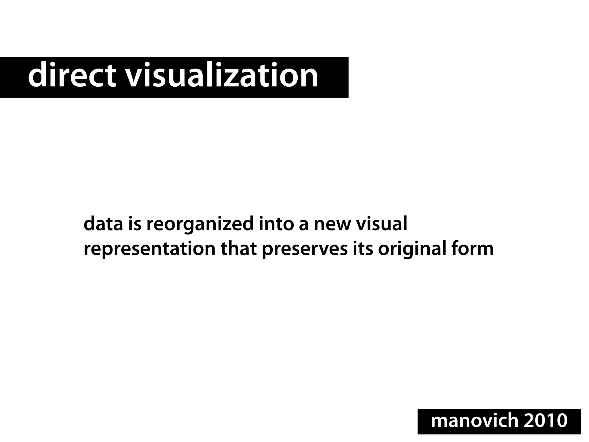 direct visualization



   data is reorganized into a new visual
   representation that preserves its original form




                                          manovich 2010
 