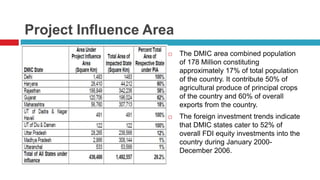 Project Influence Area 
 The DMIC area combined population 
of 178 Million constituting 
approximately 17% of total population 
of the country. It contribute 50% of 
agricultural produce of principal crops 
of the country and 60% of overall 
exports from the country. 
 The foreign investment trends indicate 
that DMIC states cater to 52% of 
overall FDI equity investments into the 
country during January 2000- 
December 2006. 
 