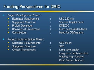 Funding Perspectives for DMIC Project Development Phase : Estimated Requirement : USD 250 mn Suggested Structure : Venture Capital Fund Project Developer : DMICDC Recovery of Investment : From successful bidders Contributors : Need for ODA/grants Project Implementation Phase : Estimated Requirements : USD 90 bn Suggested Structure : SPV Critical Requirement : Long term equity Long term debt/sub-debt Viability Gap Funding Debt Service Reserve 