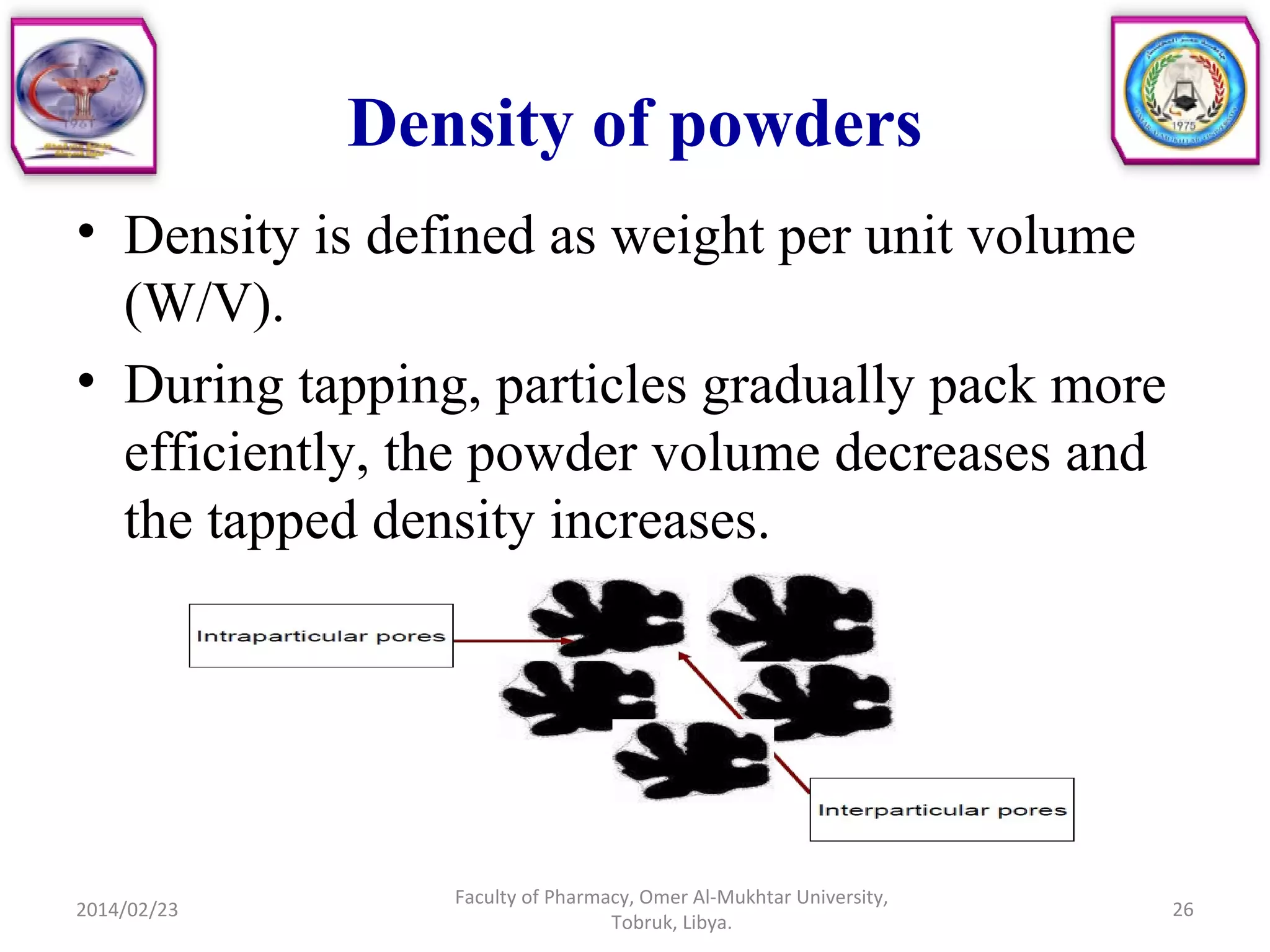 Density of powders
• Density is defined as weight per unit volume
(W/V).
• During tapping, particles gradually pack more
efficiently, the powder volume decreases and
the tapped density increases.
2014/02/23 26
Faculty of Pharmacy, Omer Al-Mukhtar University,
Tobruk, Libya.
 