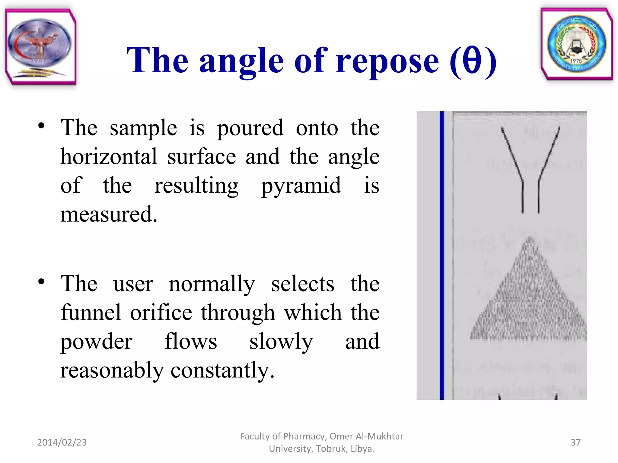 The angle of repose (θ)
• The sample is poured onto the
horizontal surface and the angle
of the resulting pyramid is
measured.
• The user normally selects the
funnel orifice through which the
powder flows slowly and
reasonably constantly.
2014/02/23 37
Faculty of Pharmacy, Omer Al-Mukhtar
University, Tobruk, Libya.
 