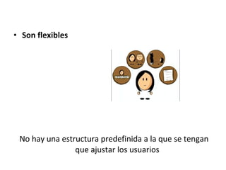 Son flexibles  No hay una estructura predefinida a la que se tengan que ajustar los usuarios 