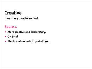 Creative
How many creative routes?


Route 2.
• More creative and exploratory.
• On brief.
• Meets and exceeds expectations.
 