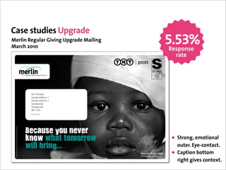 Case studies Upgrade
Merlin Regular Giving Upgrade Mailing
March 2010
                                                                                                         5.53%
                                                                                                          Response
                                                                                                              rate




                                                            9*&:&;.<=/(
                                                            ;.<=/(&:>>*(++&?
                                                            ;.<=/(&:>>*(++&@
                                                            ;.<=/($#57
                                                            ;.<=/(+A1//(
                                                            :0?&@-B
                                                            -#7+$1$)(7$&CB
 !"#$#%&'()$(*+,-.*/#+&0.**1.2&3#)*$(+4&5556./(*$7($6#*8




                                                           !"#$%&"'()%'*"+",'
                                                           -*).'./$0'0)1),,).'                            • Strong, emotional
                                                           .233'4,2*5666                                      outer. Eye-contact.
                                                                                 !"#$%&'%!#()*+,-./($(
                                                                                 !"#$%&'%()#"*!*
                                                                                                          •   Caption bottom
                                                                                                              right gives context.
 