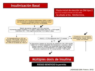 Insulinización Basal
. Pauta inicial de elección en DM tipo 2
(que no se consigue controlar con otros ADO)
. Se añade al tto. Metformina.
Múltiples dosis de Insulina
RIESGO BENEFICIO lo permita
 