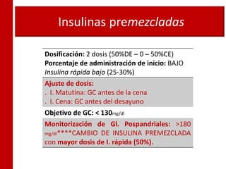 Insulinas premezcladas
Dosificación: 2 dosis (50%DE – 0 – 50%CE)
Porcentaje de administración de inicio: BAJO
Insulina rápida bajo (25-30%)
Ajuste de dosis:
. I. Matutina: GC antes de la cena
. I. Cena: GC antes del desayuno
Objetivo de GC: < 130mg/dl
Monitorización de Gl. Pospandriales: >180
mg/dl****CAMBIO DE INSULINA PREMEZCLADA
con mayor dosis de I. rápida (50%).
 