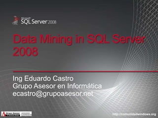 Data Mining in SQL Server 2008 Ing Eduardo Castro GrupoAsesor en Informática ecastro@grupoasesor.net 