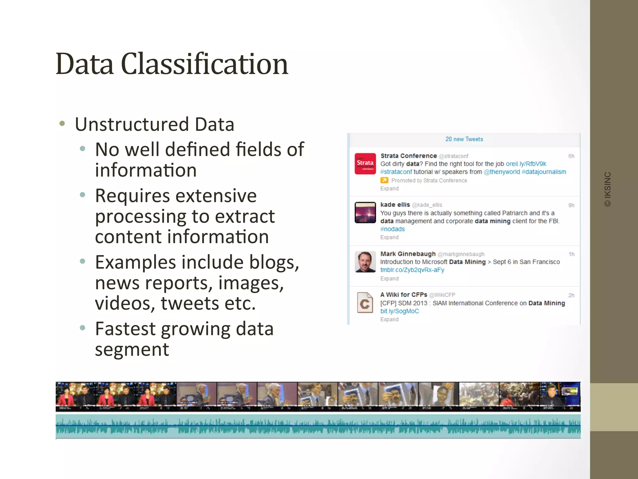 Data	
  ClassiDication	
  
•  Unstructured	
  Data	
  
•  No	
  well	
  deﬁned	
  ﬁelds	
  of	
  
informa+on	
  
•  Requires	
  extensive	
  
processing	
  to	
  extract	
  
content	
  informa+on	
  
•  Examples	
  include	
  blogs,	
  
news	
  reports,	
  images,	
  
videos,	
  tweets	
  etc.	
  
•  Fastest	
  growing	
  data	
  
segment	
  
©IKSINC
 