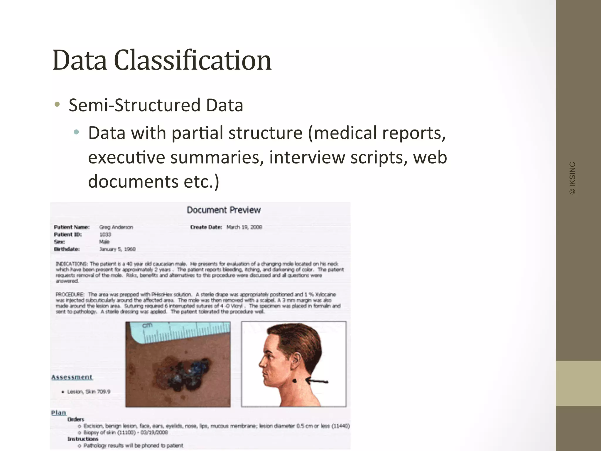 Data	
  ClassiDication	
  
•  Semi-­‐Structured	
  Data	
  
•  Data	
  with	
  par+al	
  structure	
  (medical	
  reports,	
  
execu+ve	
  summaries,	
  interview	
  scripts,	
  web	
  
documents	
  etc.)	
  
©IKSINC
 