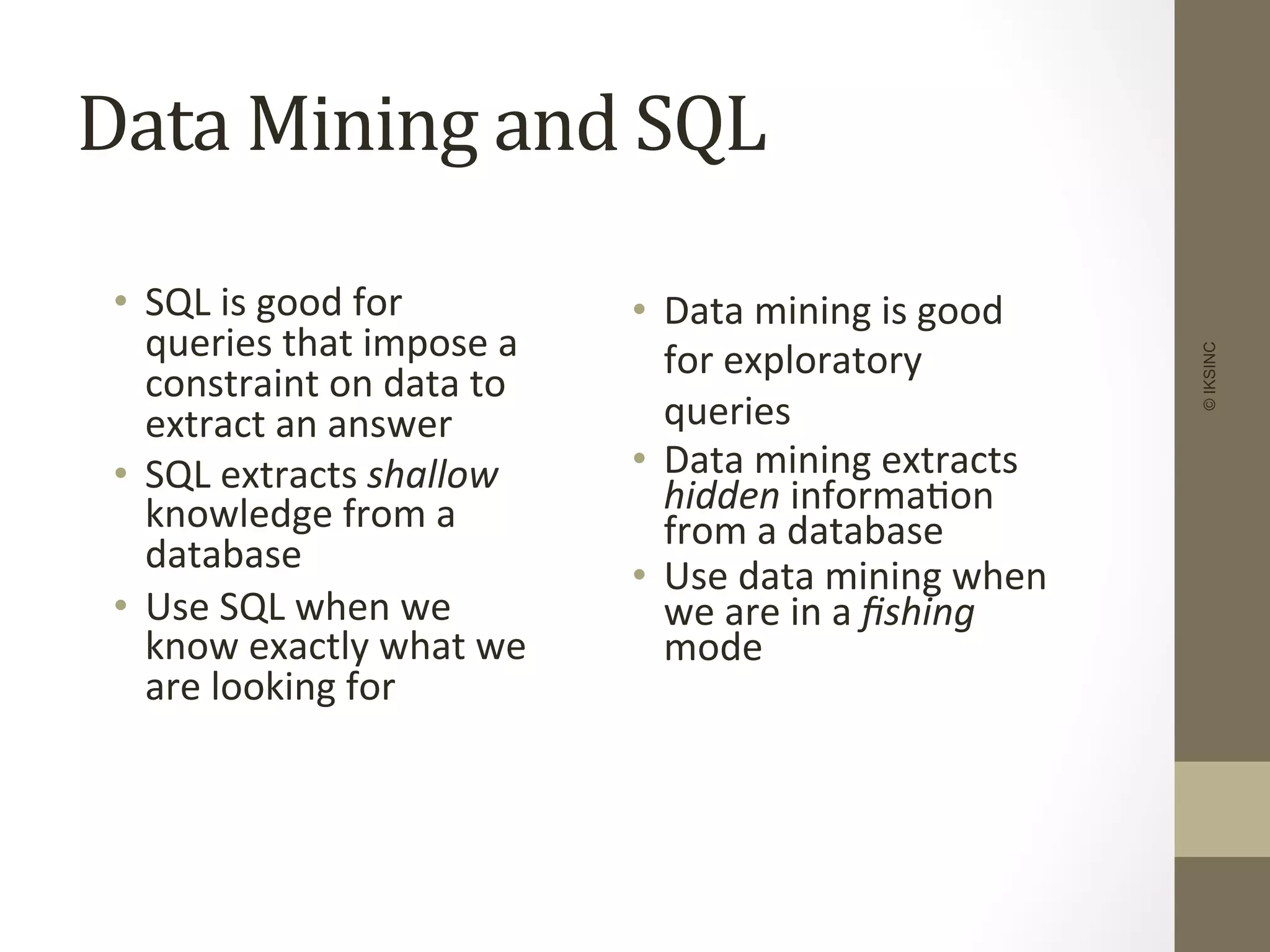 Data	
  Mining	
  and	
  SQL	
  
•  SQL	
  is	
  good	
  for	
  
queries	
  that	
  impose	
  a	
  
constraint	
  on	
  data	
  to	
  
extract	
  an	
  answer	
  
•  SQL	
  extracts	
  shallow	
  
knowledge	
  from	
  a	
  
database	
  
•  Use	
  SQL	
  when	
  we	
  
know	
  exactly	
  what	
  we	
  
are	
  looking	
  for	
  
•  Data	
  mining	
  is	
  good	
  
for	
  exploratory	
  
queries	
  
•  Data	
  mining	
  extracts	
  
hidden	
  informa+on	
  
from	
  a	
  database	
  
•  Use	
  data	
  mining	
  when	
  
we	
  are	
  in	
  a	
  ﬁshing	
  
mode	
  
©IKSINC
 