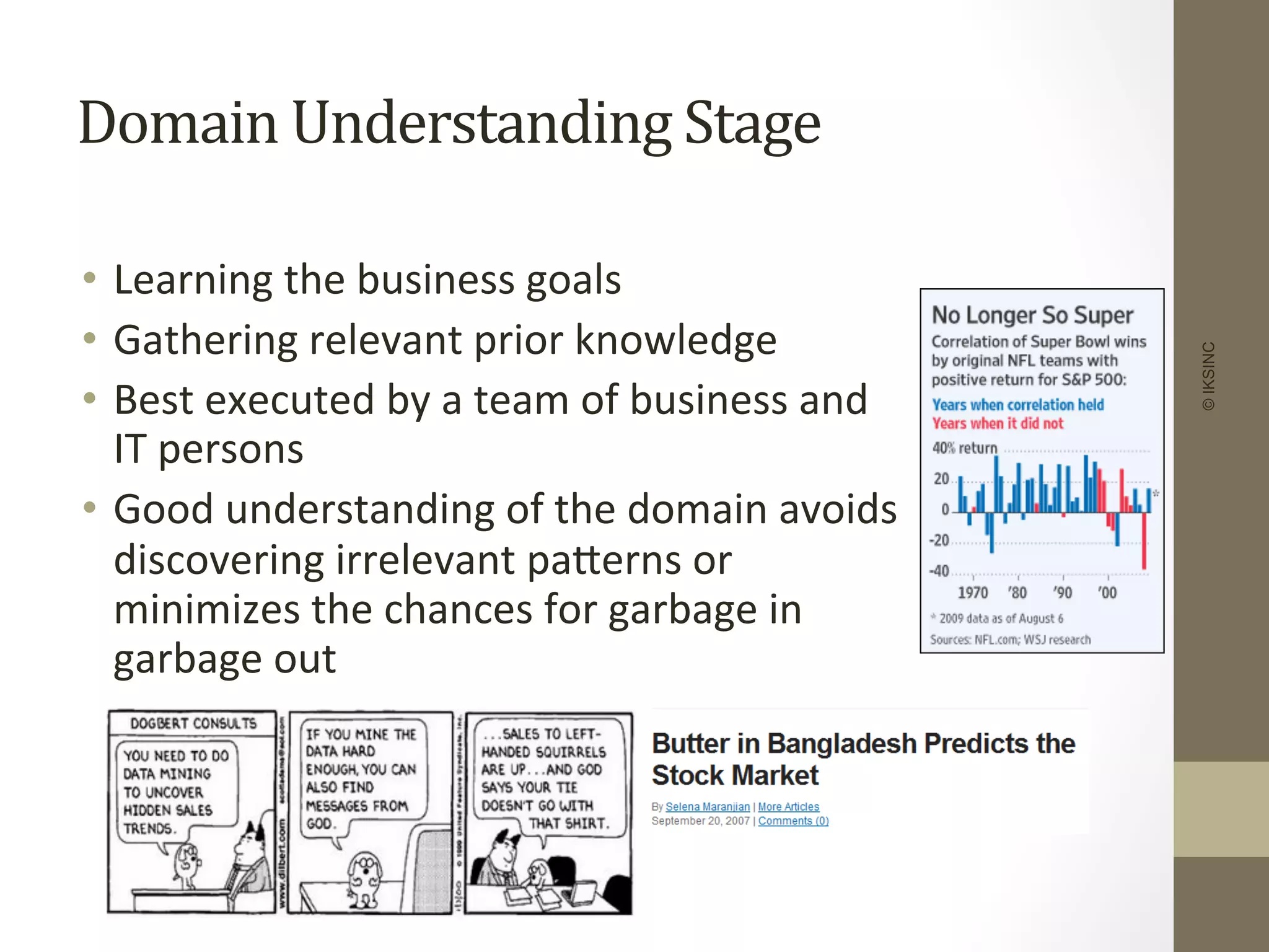 Domain	
  Understanding	
  Stage	
  
•  Learning	
  the	
  business	
  goals	
  
•  Gathering	
  relevant	
  prior	
  knowledge	
  
•  Best	
  executed	
  by	
  a	
  team	
  of	
  business	
  and	
  
IT	
  persons	
  
•  Good	
  understanding	
  of	
  the	
  domain	
  avoids	
  
discovering	
  irrelevant	
  paDerns	
  or	
  
minimizes	
  the	
  chances	
  for	
  garbage	
  in	
  
garbage	
  out	
  
©IKSINC
 