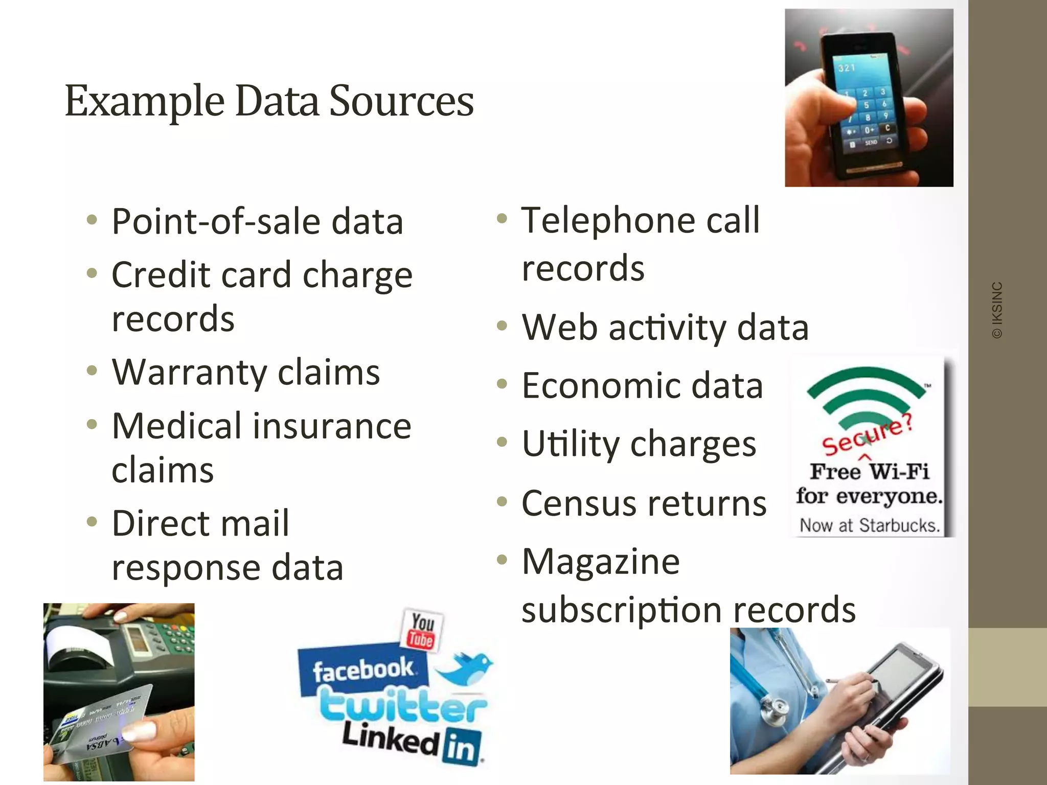 Example	
  Data	
  Sources	
  
•  Point-­‐of-­‐sale	
  data	
  
•  Credit	
  card	
  charge	
  
records	
  
•  Warranty	
  claims	
  
•  Medical	
  insurance	
  
claims	
  
•  Direct	
  mail	
  
response	
  data	
  
•  Telephone	
  call	
  
records	
  
•  Web	
  ac+vity	
  data	
  
•  Economic	
  data	
  
•  U+lity	
  charges	
  
•  Census	
  returns	
  
•  Magazine	
  
subscrip+on	
  records	
  
©IKSINC
 