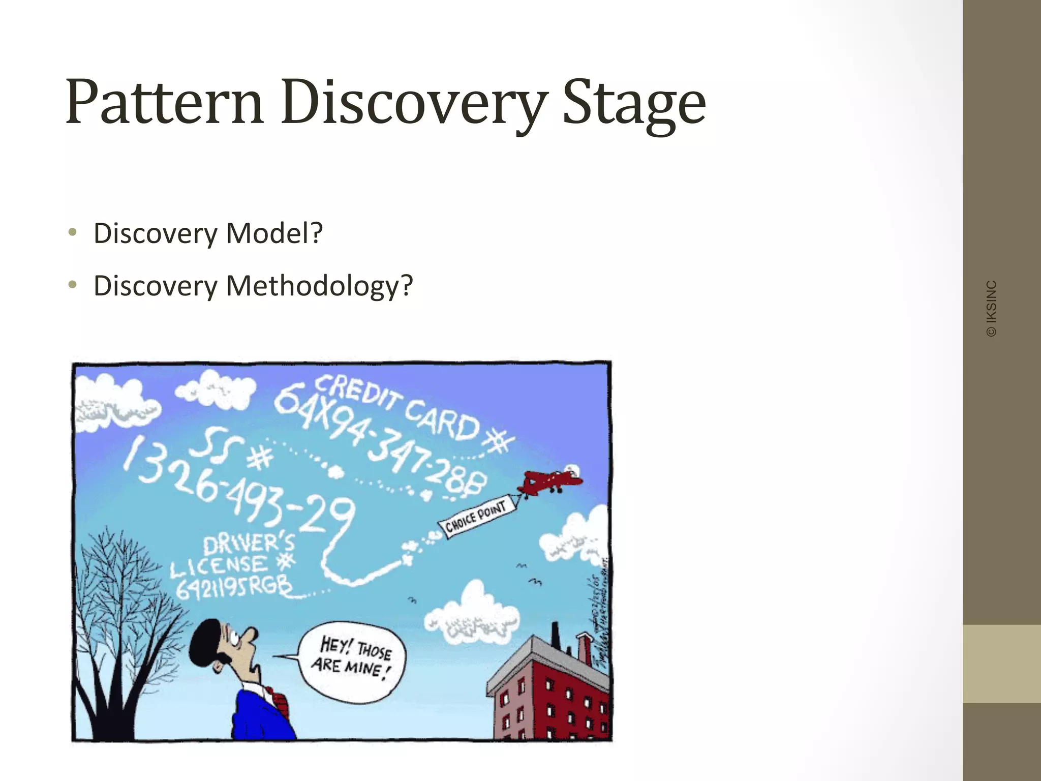 Pattern	
  Discovery	
  Stage	
  
•  Discovery	
  Model?	
  
•  Discovery	
  Methodology?	
  
©IKSINC
 