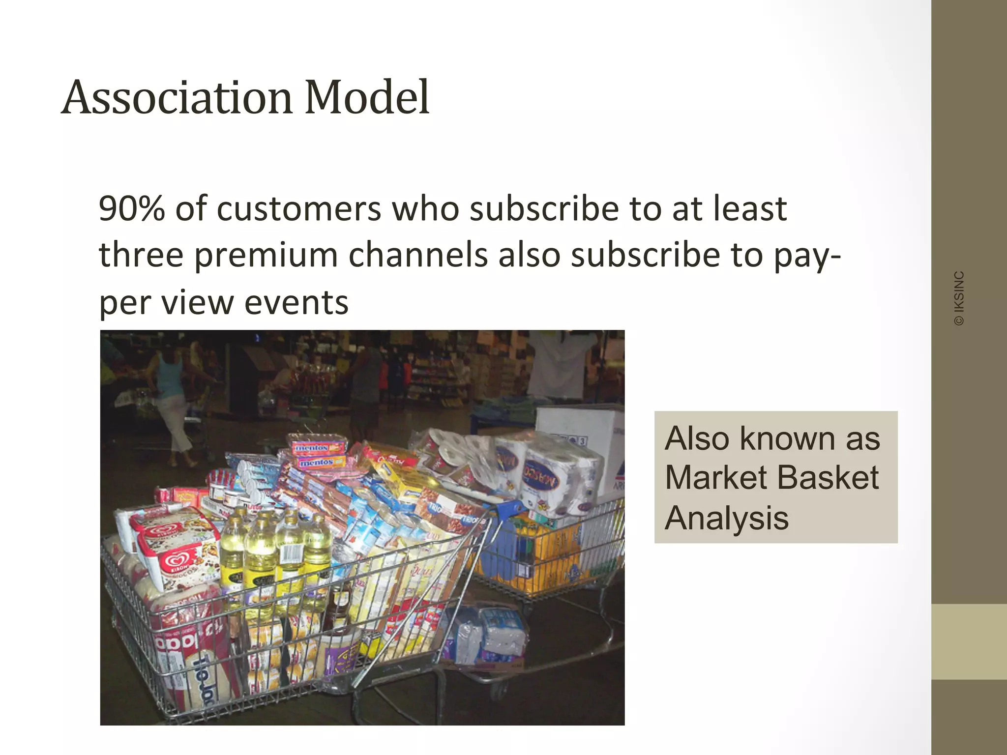 Association	
  Model	
  
	
  90%	
  of	
  customers	
  who	
  subscribe	
  to	
  at	
  least	
  
three	
  premium	
  channels	
  also	
  subscribe	
  to	
  pay-­‐
per	
  view	
  events	
  
©IKSINC
Also known as
Market Basket
Analysis
 