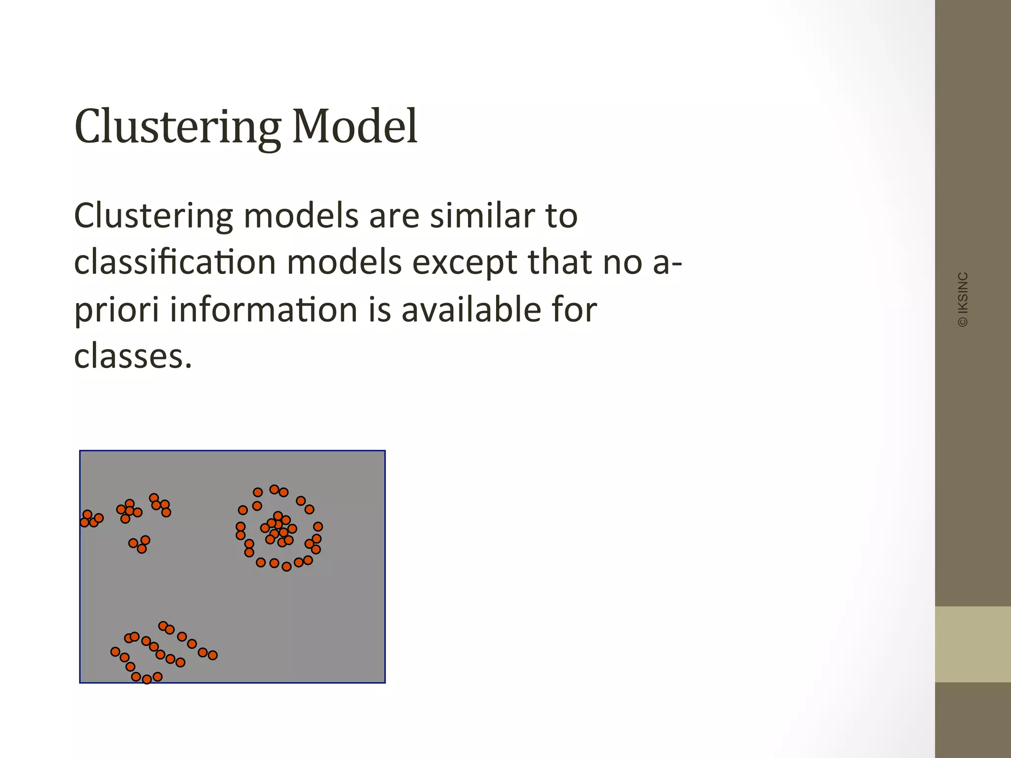 Clustering	
  Model	
  
	
  Clustering	
  models	
  are	
  similar	
  to	
  
classiﬁca+on	
  models	
  except	
  that	
  no	
  a-­‐
priori	
  informa+on	
  is	
  available	
  for	
  
classes.	
  
©IKSINC
 
