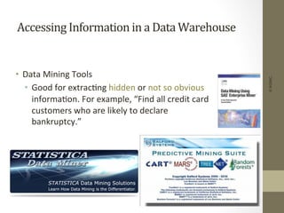 Accessing	
  Information	
  in	
  a	
  Data	
  Warehouse	
  
•  Data	
  Mining	
  Tools	
  
•  Good	
  for	
  extrac+ng	
  hidden	
  or	
  not	
  so	
  obvious	
  
informa+on.	
  For	
  example,	
  “Find	
  all	
  credit	
  card	
  
customers	
  who	
  are	
  likely	
  to	
  declare	
  
bankruptcy.”	
  
©IKSINC
 