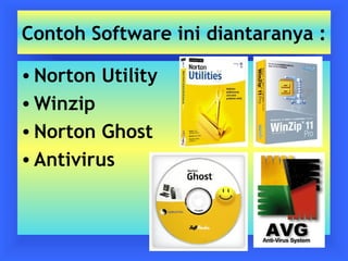 Contoh Software ini diantaranya : 
•Norton Utility 
•Winzip 
•Norton Ghost 
•Antivirus 
 