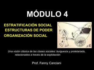 MÓDULO 4 ESTRATIFICACIÓN SOCIAL ESTRUCTURAS DE PODER  ORGANIZACIÓN SOCIAL . Una visión clásica de las clases sociales: burguesía y proletariado, relacionados a través de la explotación  y alienación  Prof. Fanny Canciani 