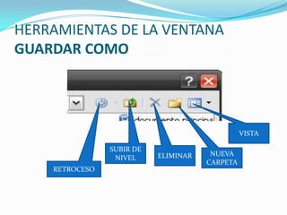 HERRAMIENTAS DE LA VENTANA GUARDAR COMOVISTASUBIR DE NIVELELIMINARNUEVA CARPETARETROCESO